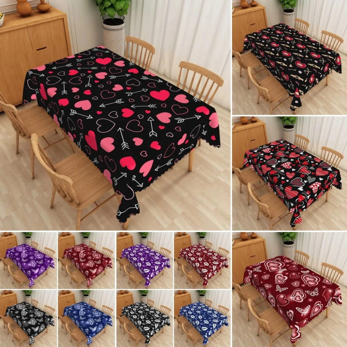 

Romantic Hearts Love Waterproof Polyester Tablecloth Valentines Day Table Cover for Wedding Anniversary Party 2D Flat Printed