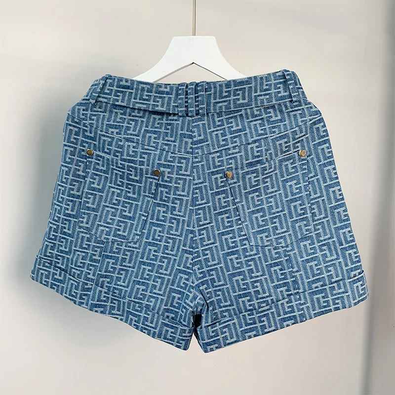 Hot Stijl Broek S-2XL Size Geometrische Patroon Gewassen Denim Vintage Blauw Shorts Met Riem Voor Dame Zomer Nieuwe Casual Jean broek