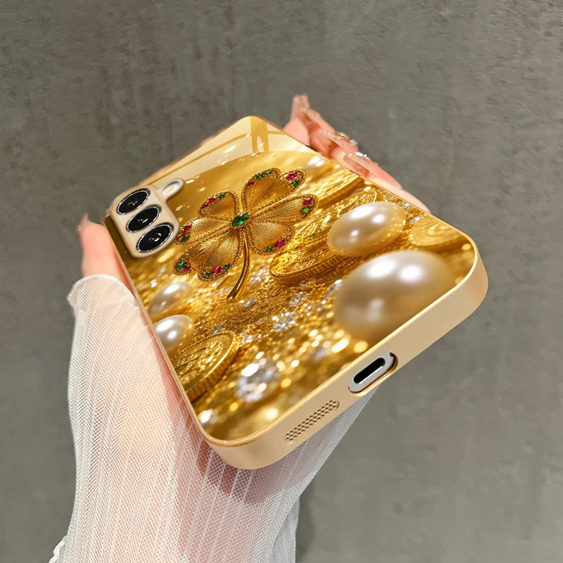 Colorful Gem Four-leaf Pattern 2D Phone Case for Samsung S26 S25 S24 S23 S22 S21 S20 Golden Metal Paint Glass Protective Cover view 5