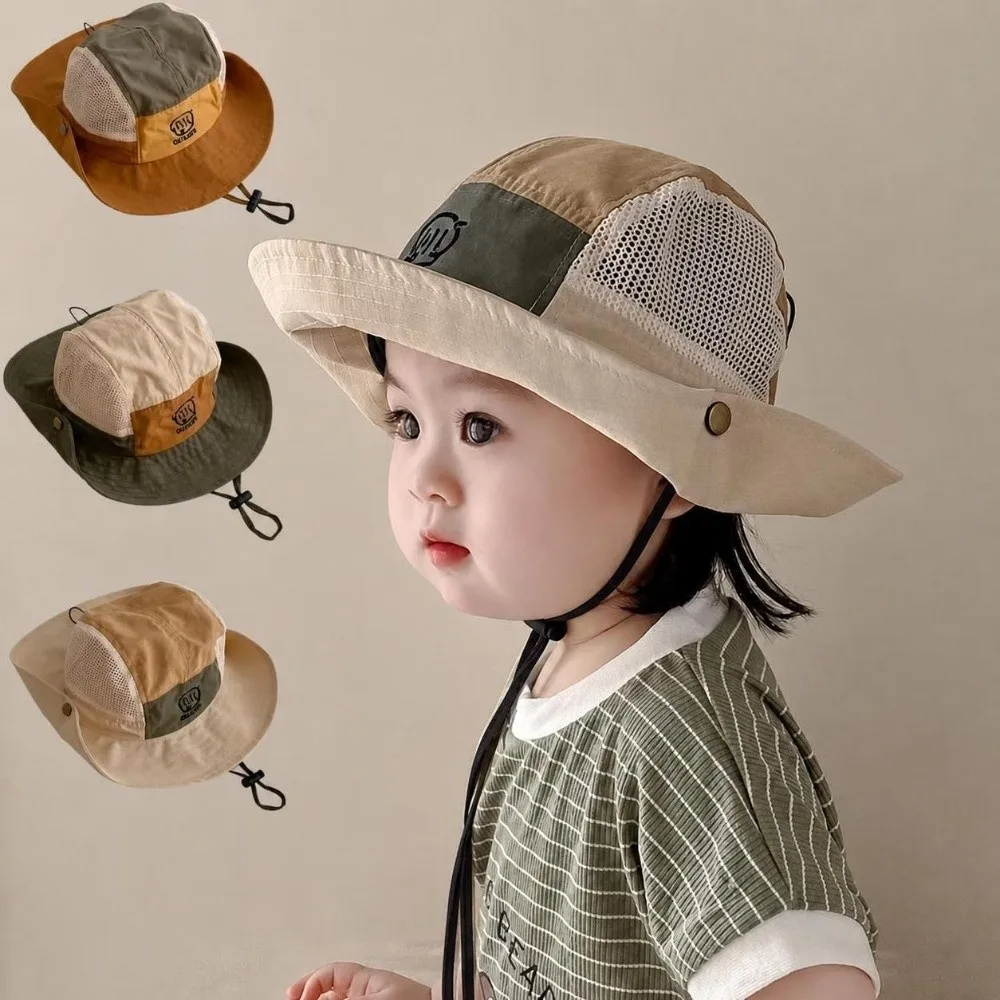 New Quick Drying Kids Bucket Hats Mesh Thin Drawstring Basin Cap Breathable Wide Brim Children Fisherman Hat Outdoor