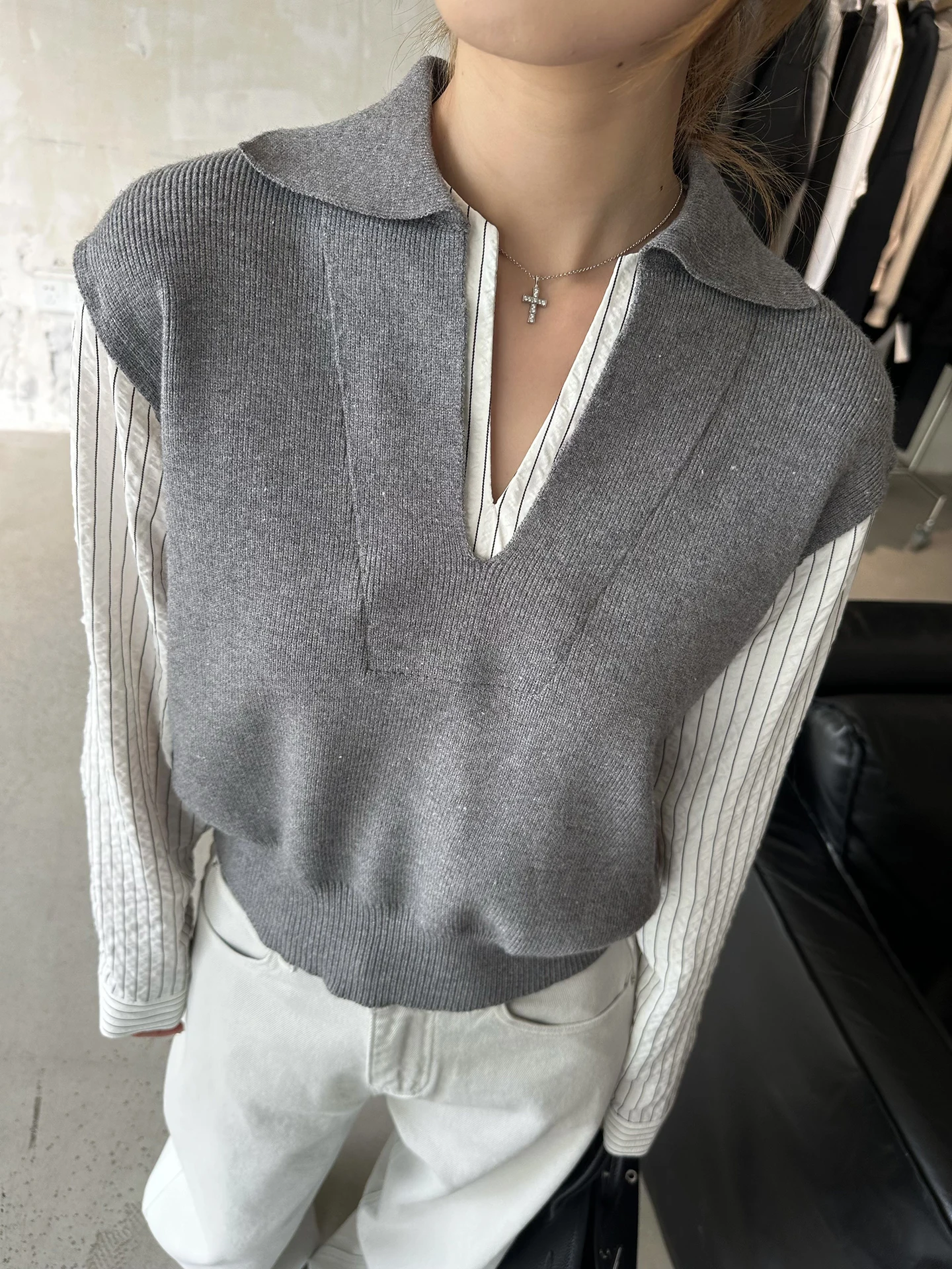 

Ele Commuter V-Ne Striped Knitted irt Women's Long Sve Vest Spring Faion Casual Sle Soft Viscose Fiber