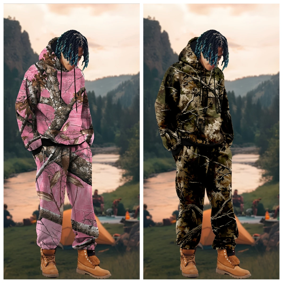 

25/26 Latest Spring and Autumn Set Trendy Men's American Street Branch Camouflage 3D Printed Casual Long Sleeve Pants Hoodie Set