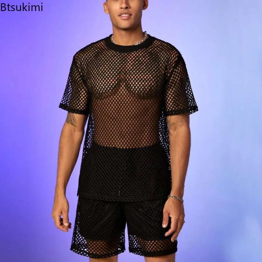 

New 2025 Men's Sexy Leisure Shirt Hot Sale Breathable Mesh Transparent Casual Round Neck Half Sleeve Clubwear T-Shirt for Men