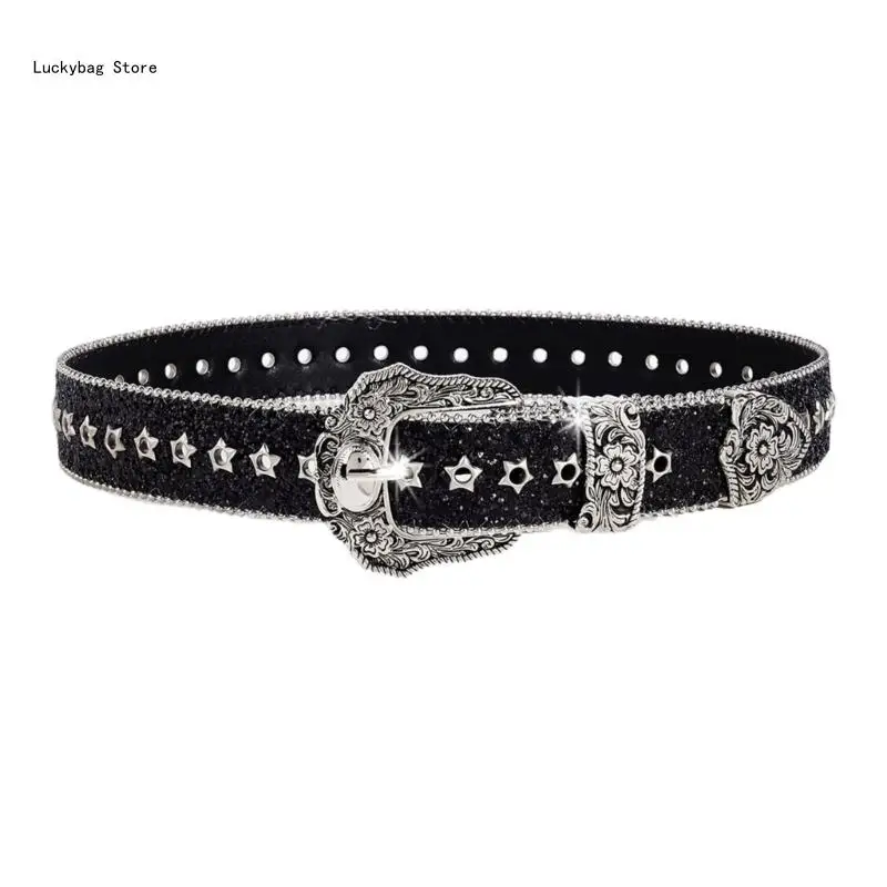 Sequined Waist Belt Glinting Carving Buckle with Encrusted Glitter Eyelets