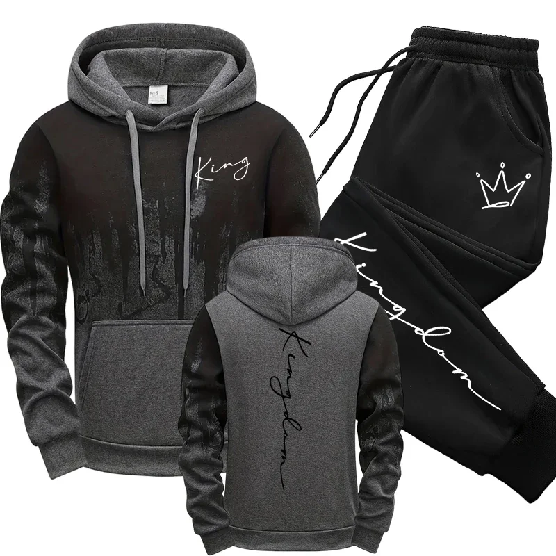 King Letter Printed Men's Set Hoodie and Sweatpants Autumn Winter Daily Casual Fashion Sportswear Outdoor Fitness Running Outfit