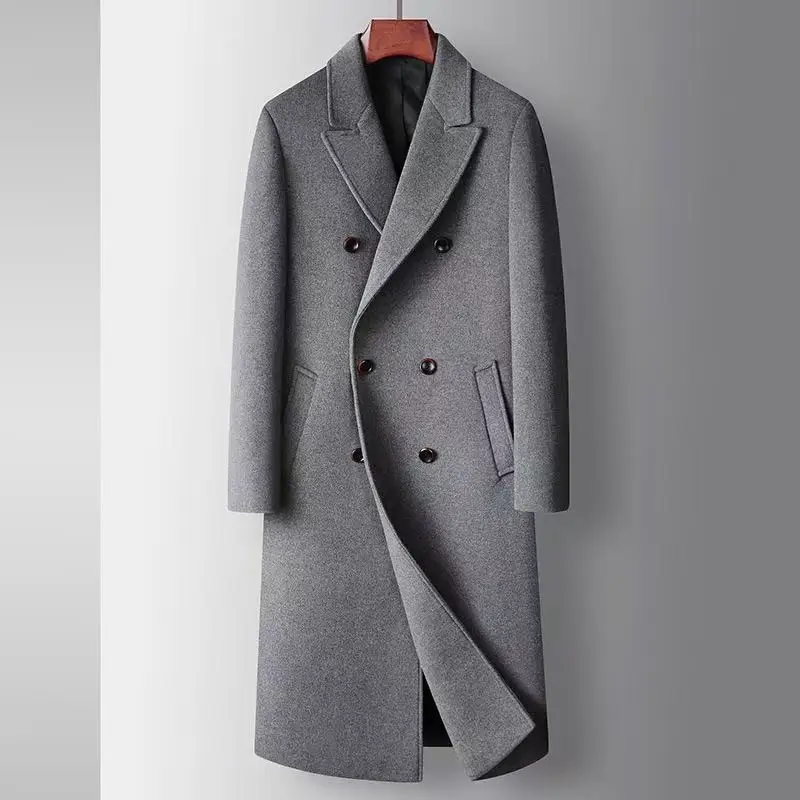2025 Autumn/Winter New Men's Long Cross Knee Double breasted Windbreaker Coat Warm Woolen Coat