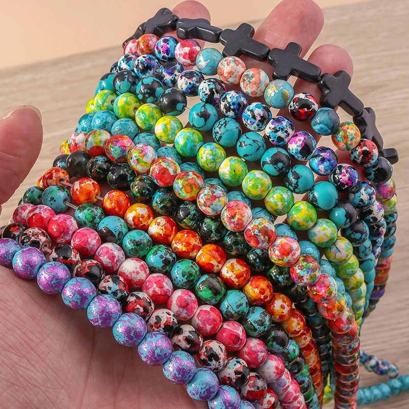 Tusember 6/8mm 100pcs Natural Stone Sea Sediment Imperial Jasper Round Loose Beads for Jewelry Making Needlework Diy Bracelet