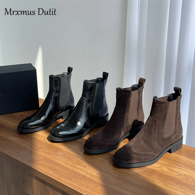 Mrxmus Dutit Winter New Women's Shoe Head Layer Cowhide Round Head Carved Flat Mid-Heel Ankle Boots English Style Chelsea Boots