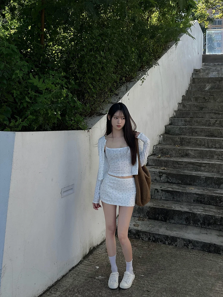 Sexy Pittig Meisje Open Vest Strap ort Rok Set Vrouwen Vroege Herfst Afslanken Crop Top Tee-delige Set Hoge Taille bloemen Rok