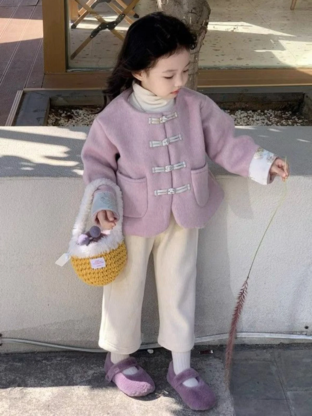 Girls Suits 2024 Autumn Winter New Light Purple Quilted Cotton Tray Button Woolen Coat Corduroy Straight Pants Two-piece Set