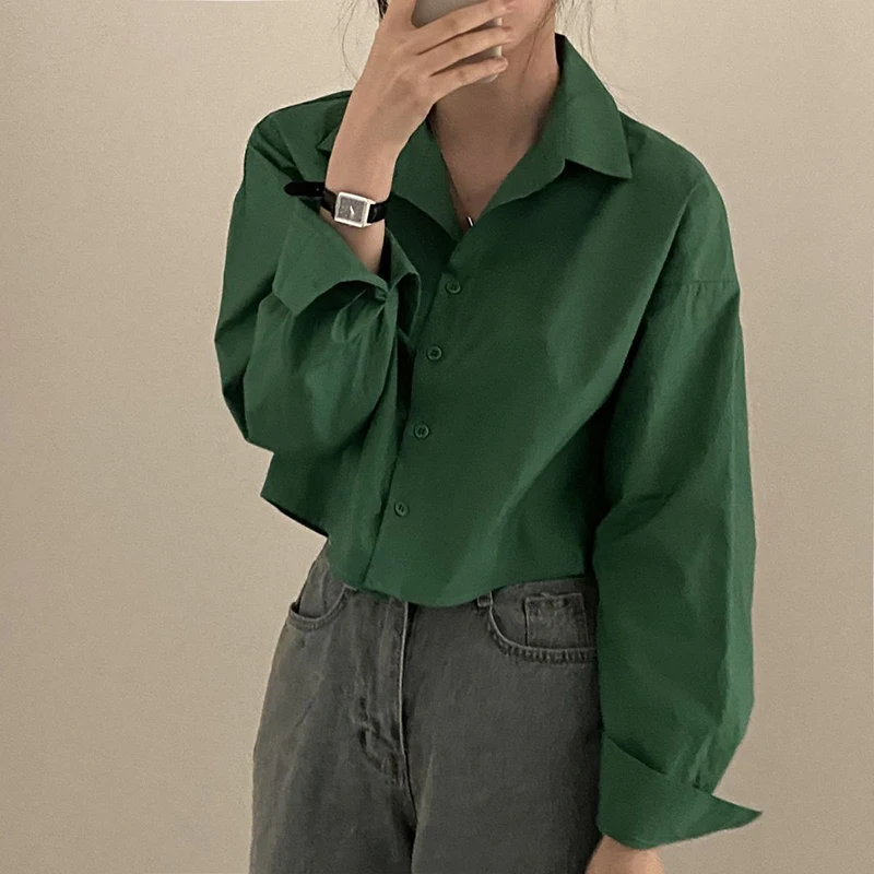 Korean Chic Women Shirts Loose Slit Long Sleeve Female Casual Blouse Summer New All Match Turn Down Collar Ladies Crop Tops