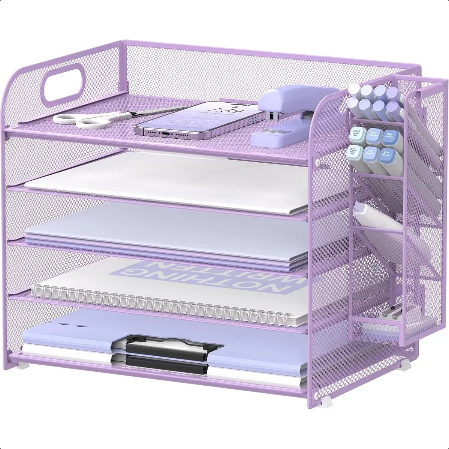 

EASY 5 Tier Desk Organizer with Handle Removable Pen Holders Mesh Paper File Organizer for Desk Paper Letter Tray Organizer for