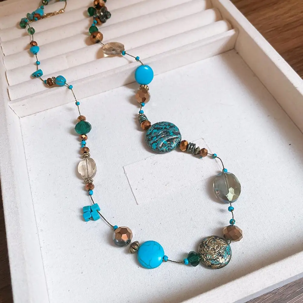 Vintage Beaded Necklace with Colorful Stones All Match Multi-layered Women Necklace Women Stylish Rope Chain Statement Necklace
