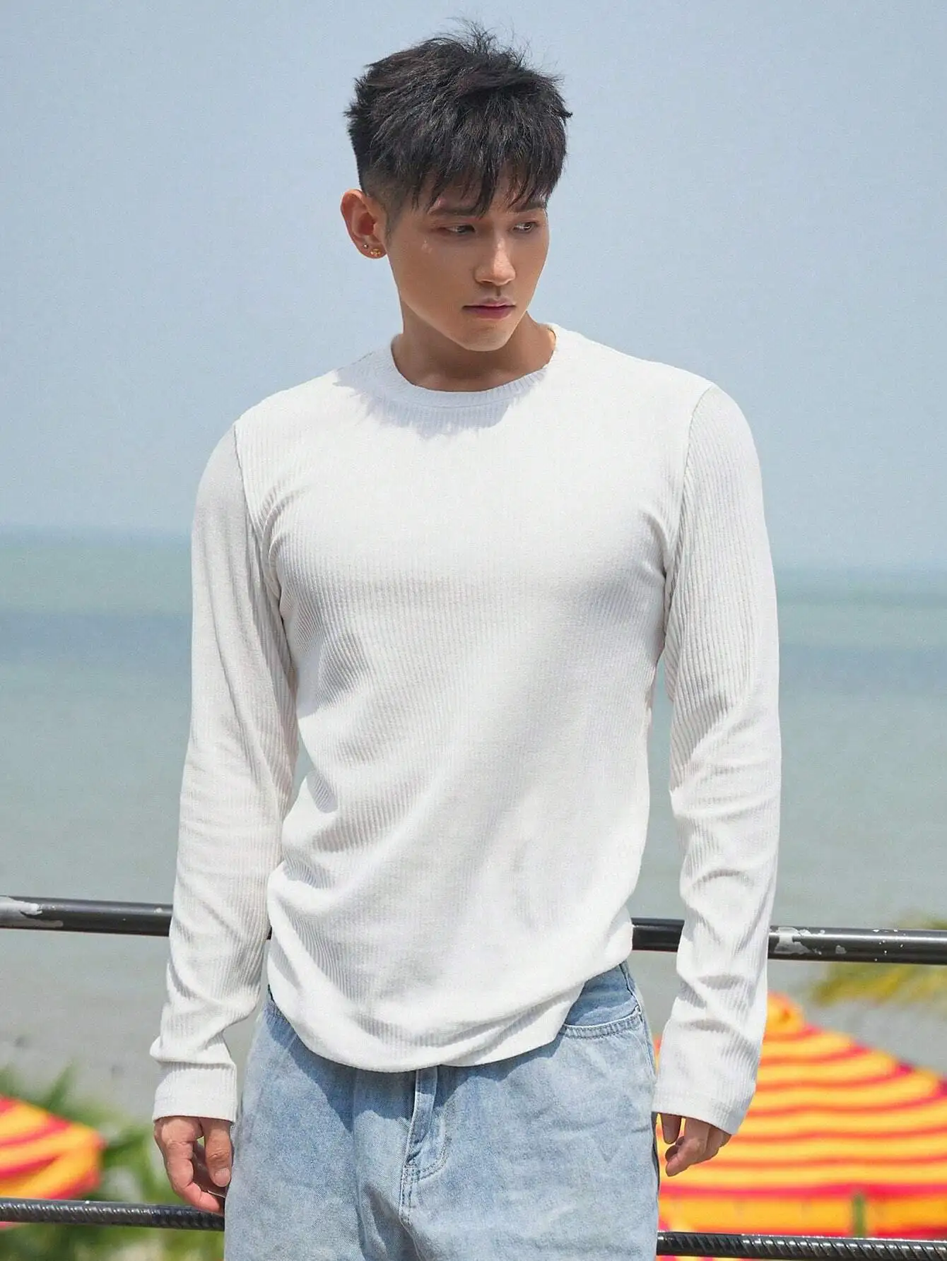 Men's White Ribbed Long Sleeve Pullover Tee, Casual Fit for Spring Fall