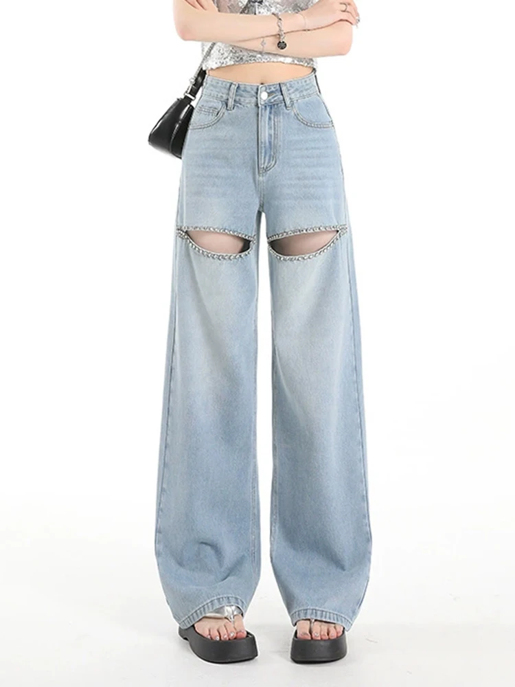 

Y2K Light Wash Jeans Women High Waist Wide Leg Straight Ripped Hole Pants Spring Autumn Fashion