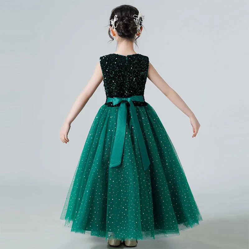 Summer Kids Junior Bridesmaid Floor Length Dress for Birthday Ceremonies Wedding Party Sequined Tulle Princess Gown Size 4-14