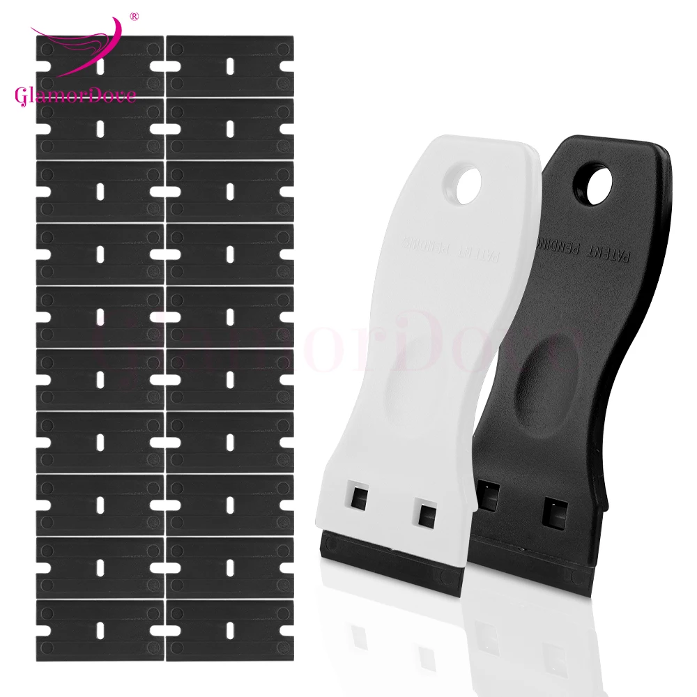 GlamorDove Plastic Scraper Kit with 20pcs Double Edged Plastic Blades Hair Extension Tool Salon Label Removal Scraper Tool