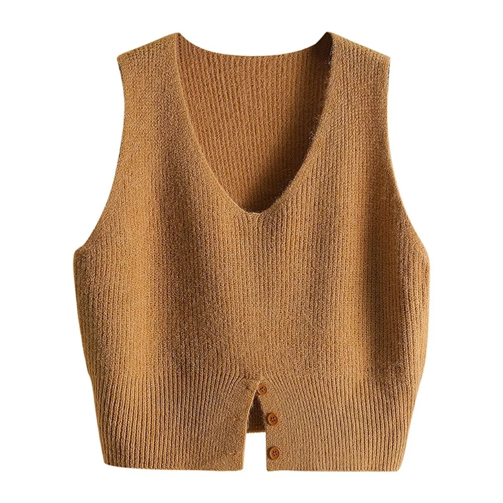 Korean Fashion Sweater Vest For Women Button Front V-neck Sleeveless Solid Pullovers Knit Sweater Vest Top School Girl Clothes