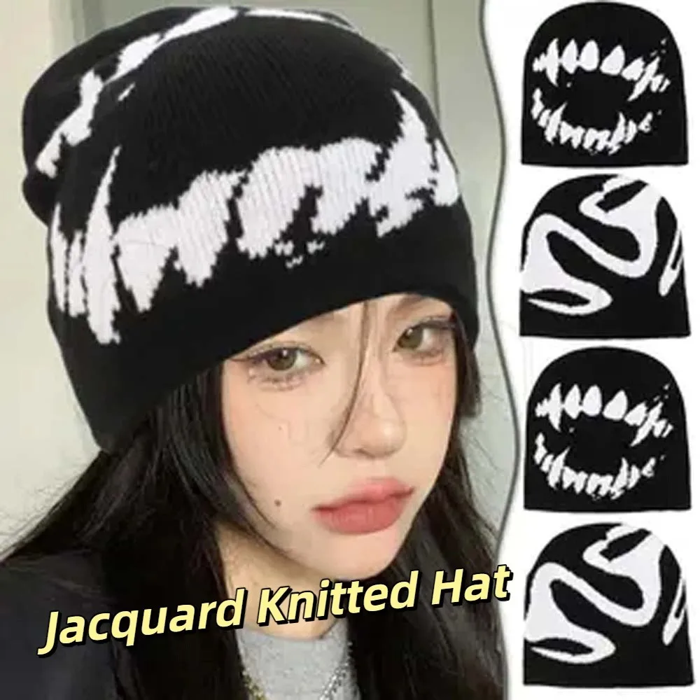 

New Halloween Y2K Knitted Hat Women Men Black White Jacquard Woolen Hat Korean Hip-hop Streetwear Pullover Cap