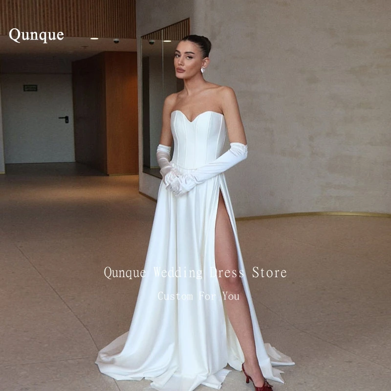 

Qunque A Line Sweetheart Ruched Wedding Dresses Sleeveless Women's Bridal Gowns Sexy High Split Vestidos Para Mujer Customized