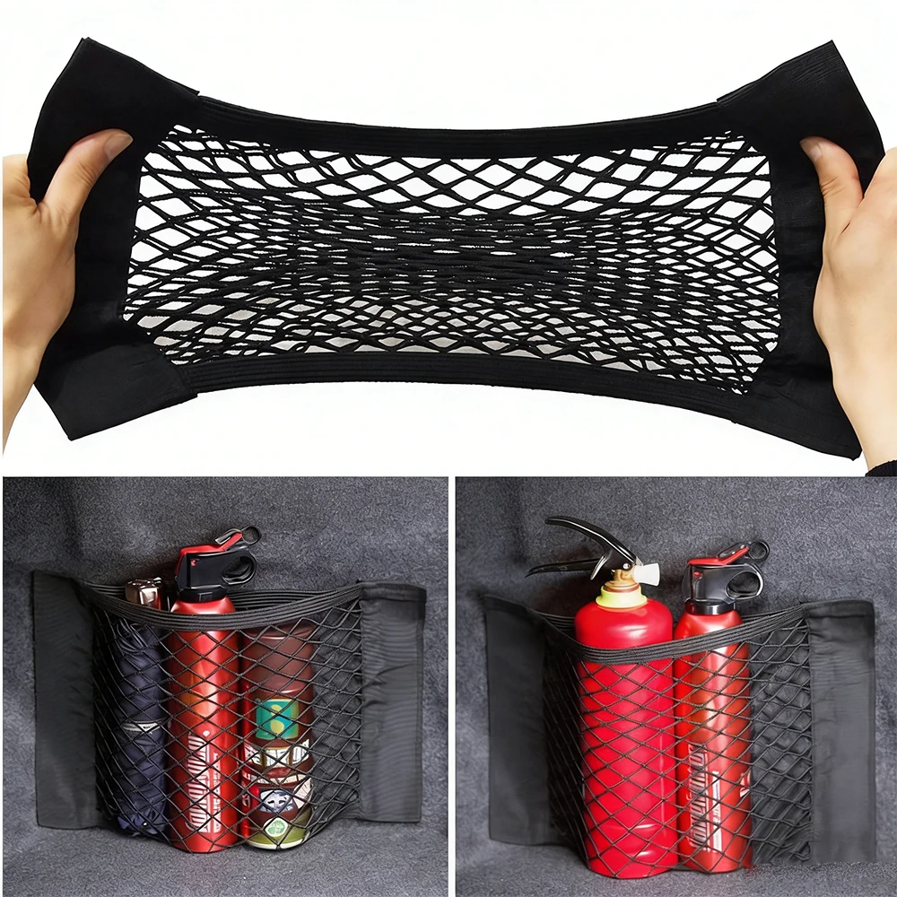 Car Trunk Storage Mesh Pocket Hook Loop Net Bag Organizer Tail Seat Back Pocket Universal Auto Magic Tape Interior Accessories