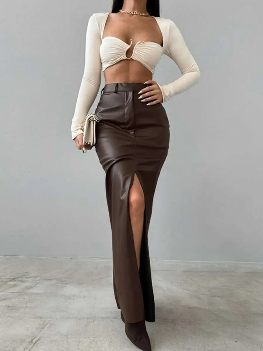 

Модная длинная облегающая юбка с цветовыми блоками, высокой талией и разрезом, однотонная, в европейском стиле, из полиэстера.