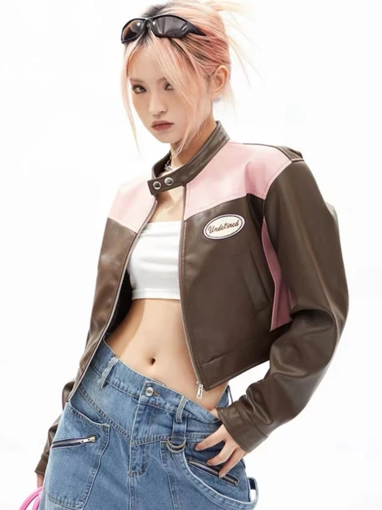 Vintage Punk Cropped Leather Jacket Women Korean Fashion Zipper Moto Biker Leather Coat Casual Streetwear Patchwork Faux Jacket