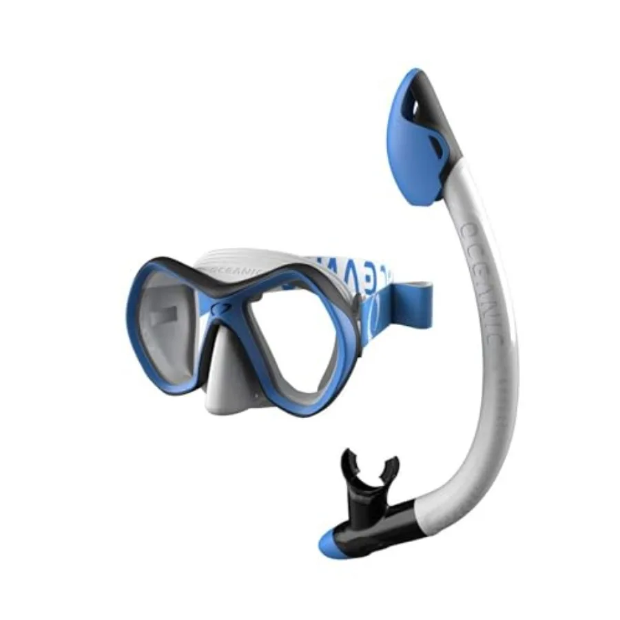 

Youth snorkel combo set for ages 6-14: dry-top snorkel and tempered glass mask in blue, soft silicone seal and comfortable fabr