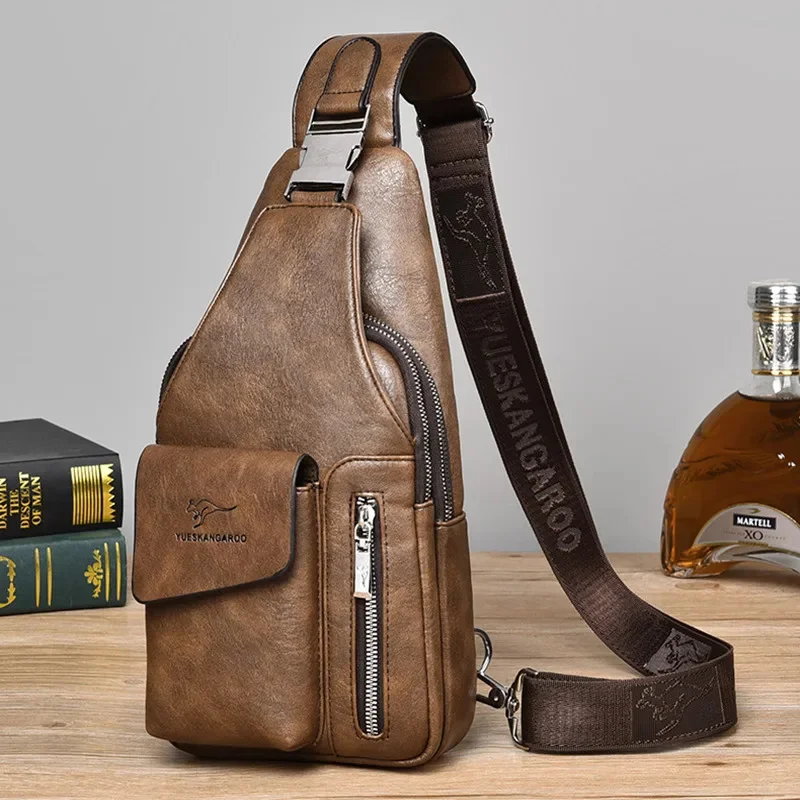 

Vintage Soft Leather Men's Chest Multifunction Shoulder Crossbody Sports Satchel Zipper Pack Man Sling Bag