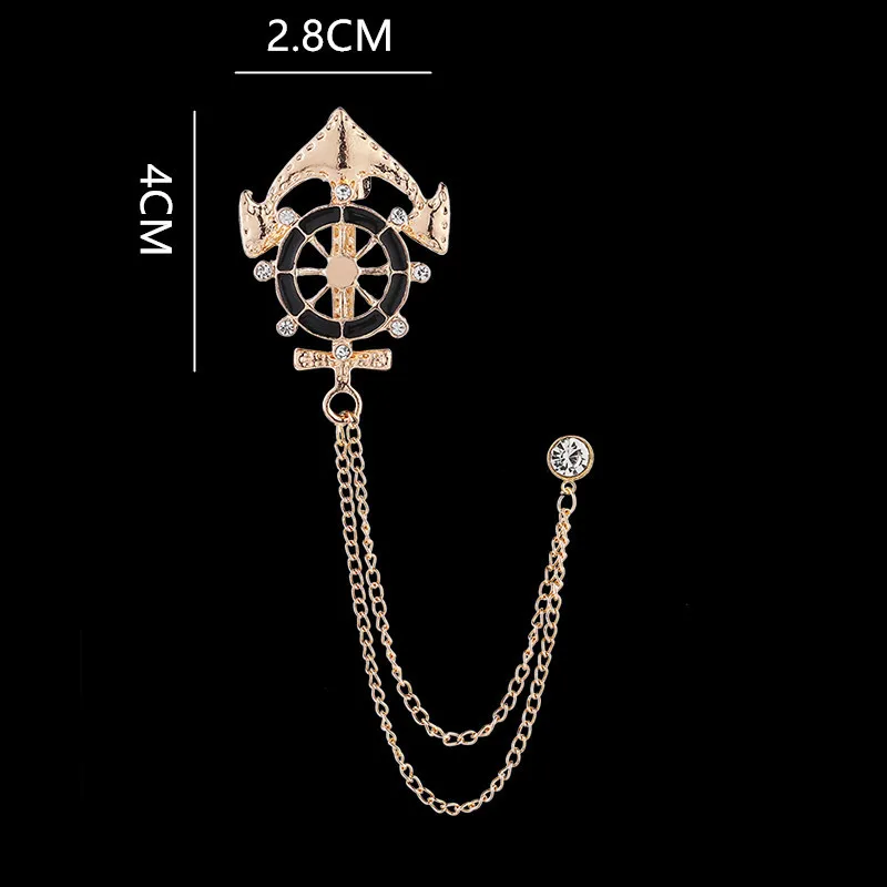 Korean Fashion Rhinestone Anchor Brooch Crystal Rudder Tassel Chain Lapel Pins Men's Badge Corsage Jewelry Accessoriesi-Remiel