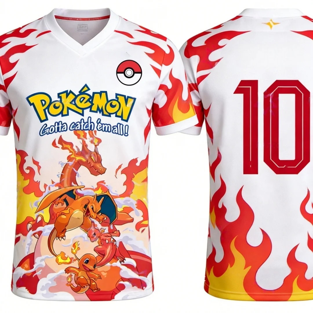 Summer 2026 Pokemon "Fire Evolution Chain" No. 10 Football Sports Theme 3D Printed Breathable T-shirt Adult Parent-child Top