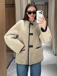 Women's Faux Wool Warm Loose Jacket Coat Retro Round Neck Single Breasted Double Pocket Casual Overcoat Winter Female Chic Coats