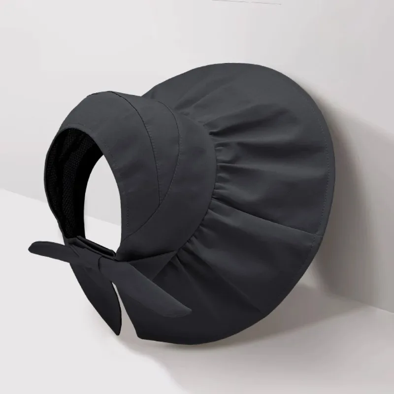 หมวกกันแดดยางสีดำสำหรับผู้หญิง ฤดูร้อน ใช้ได้สองแบบ สายคาดศีรษะปรับได้ ป้องกันรังสียูวีกลางแจ้ง หมวกกันแดดแบบเปิดด้านบน