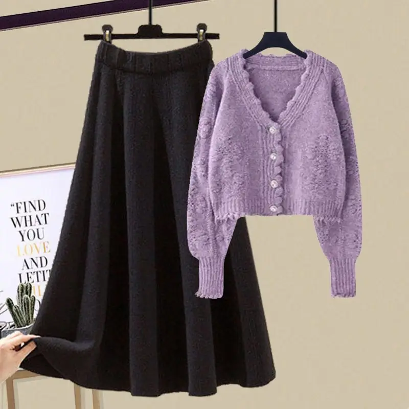 2024 autumn and winter new women\'s clothing Korean version slim fit knitted sweater+half skirt two-piece set trendy