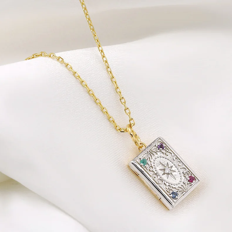 Necklace for Women Magic Book Pendant Chain 925 Sterling Silver Gold Plated Choker Vintage Fine Jewelry Party Gift NI126