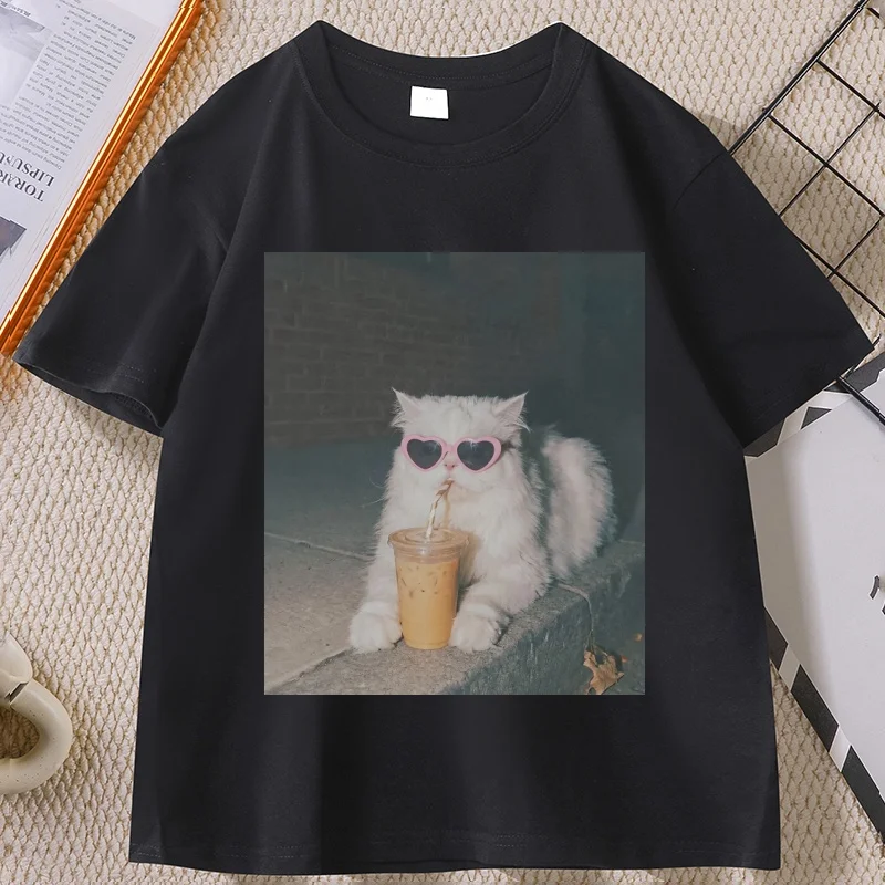 Funny Persian Cat Iced Coffee T Shirt Cat Mom T-shirt Trendy Pet Lover Tshirt Man Woman Short Sleeve Round Neck Printed Tshirts