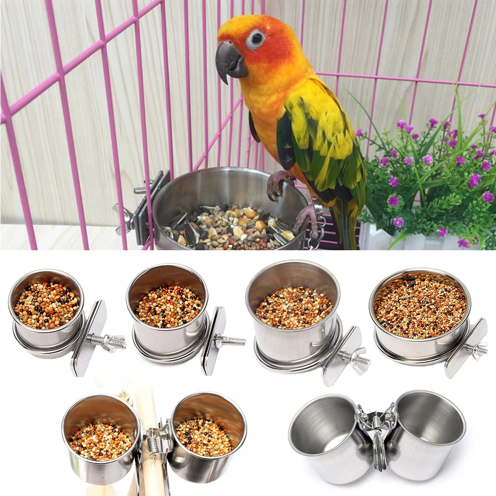 Birds Hanging Cage Bowl Stainless Steel Pet Birds Dish Cup Anti-turnover Feeding Food Drinking Feeder for Parakeet Lovebird