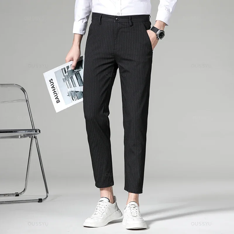 High Quality Plaid Stripe Ankle Length Pants Men Business Length Pant Straight Korea Grey Black Suit Formal Trousers Male Z294