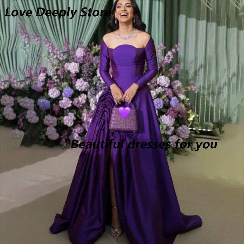 Customized Customized Purple Evening Dress Off The Shoulder Long Sleeves Pleat Satin Prom Gonws Floor Length A Line Formal Party Dresses - Aliexpress Deal
