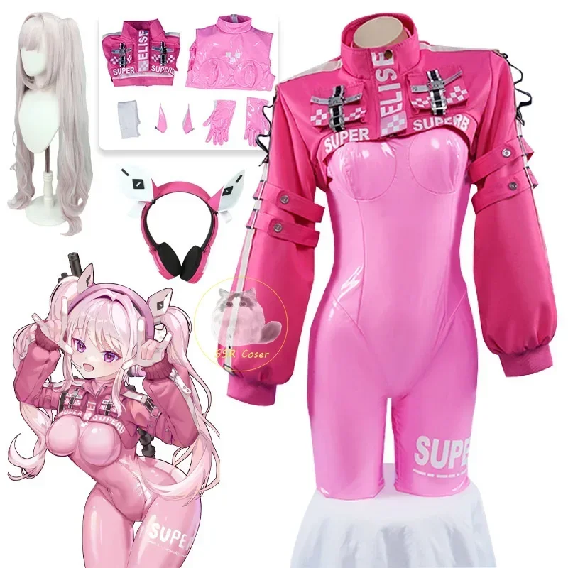 Disfraz de Anime Alice para mujer, disfraz de Nikke, Irelia H Store Victory, mono rosa, peluca, accesorios para auriculares, disfraz de Halloween