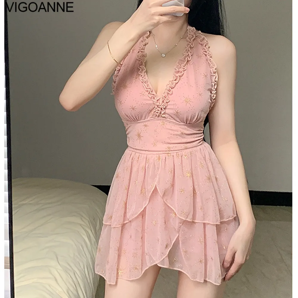 VigoAnne Tied Halter Dress Swimwear Women 2024 Pink Verge One Piece Swimsuit Sexy Korean Monokini Backless Summer Bathing Suit