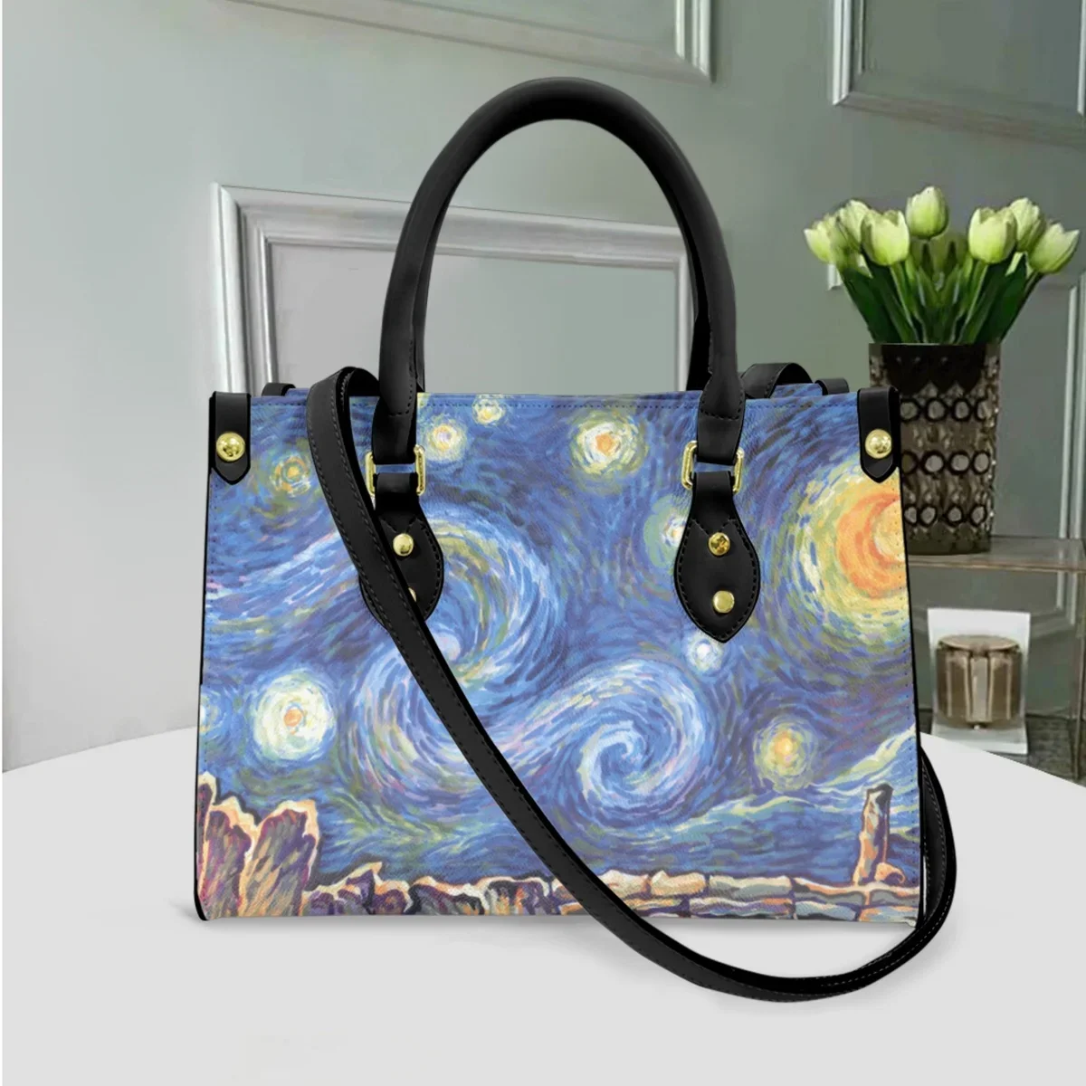 Van Gogh Starry Night Design Bolsa mensageiro para mulheres, bolsa de ombro, alça superior, couro, casual, vintage, presente do dia das mães, moda, 2023