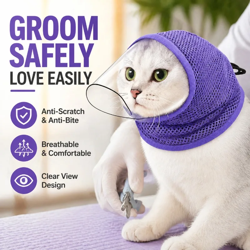 

Full Vision Cat Face Mask Breathable Neck Cover Anti Scratch Anti Bite Protective Headgear Grooming Cleaning Safety Cat Supplies