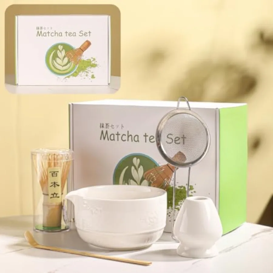 Matcha Tea Set, 5-Piece Ceramic Matcha Bowl and Whisk Kit with Cute Cat Pattern, Traditional Japanese Chawan, Scoop and Sifter,