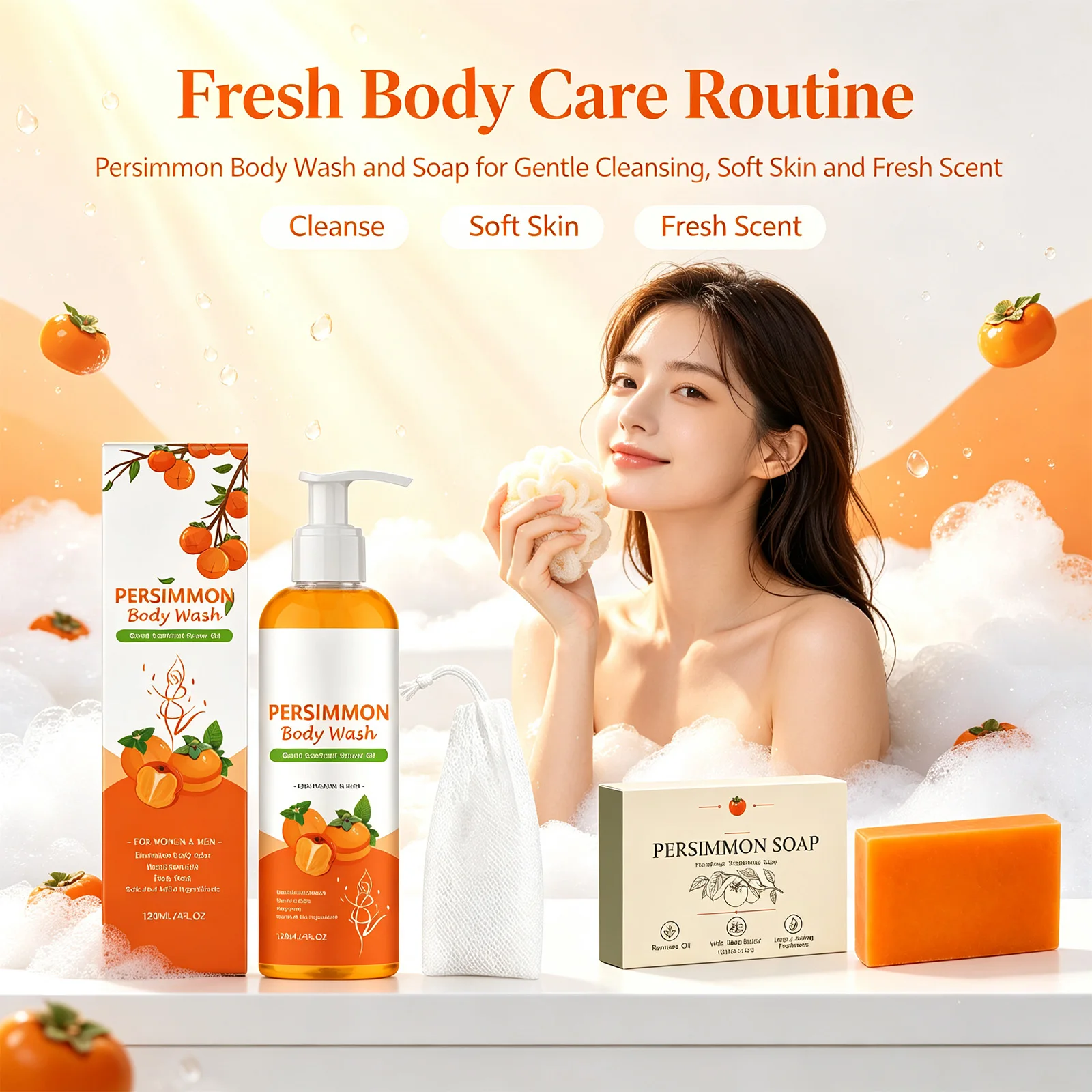 Persimmon Body Wash Gentle on All Skin Deep Cleaning Deodorant Shower Gel Nourishing Hydrating Odor Eliminating For Men Women