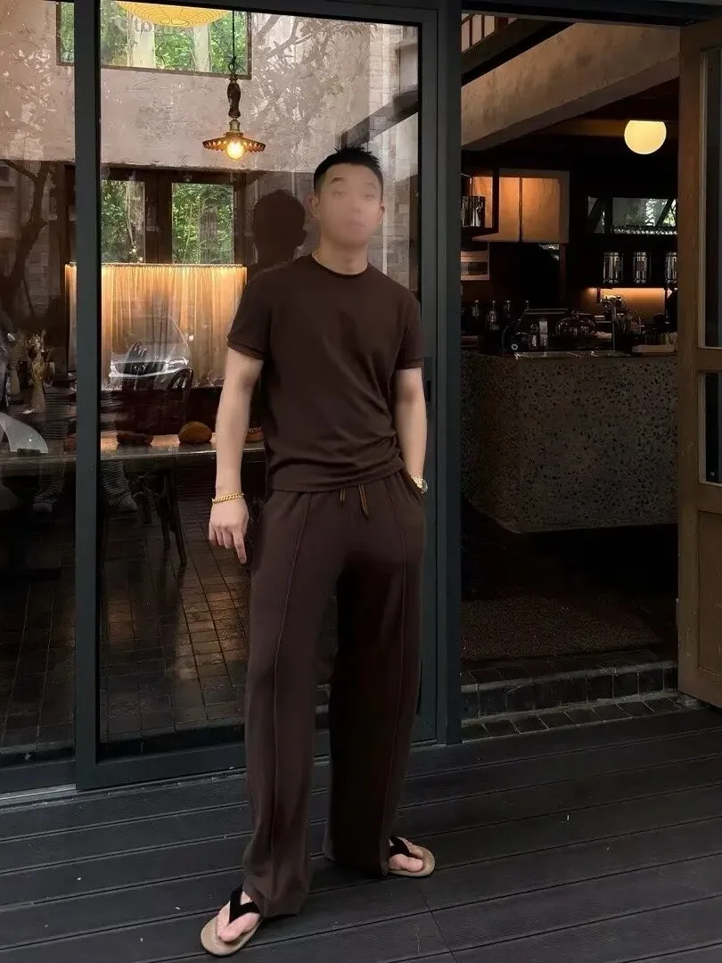 

High Quality Men's Summer Fashionable Drapey Two-Piece Set Breathable T-Shirt Casual Straight Leg Pants Trendy Cotton Blend