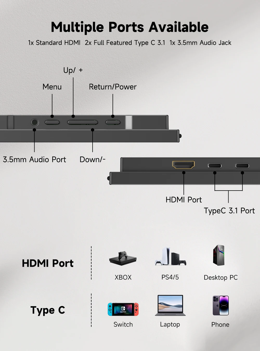 شاشة كمبيوتر محمولة UPERFECT مقاس 23.8 بوصة، 120 هرتز، دقة 1080 بكسل، HDR، FreeSync، قابلة للتركيب على الألعاب مع حامل قابل للتعديل بزاوية 180 درجة، شاشة كمبيوتر محمول USB-C HDMI لأجهزة PS5/4، سطح المكتب، MacBook Switc