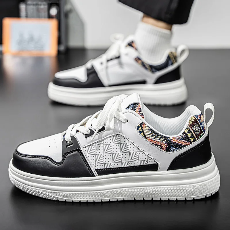 أحذية رجالي كاجوال من الجلد باللون الأبيض مضادة للانزلاق أحذية مشي عصرية مريحة ومقاومة للاهتراء ونعل سميك للرجال