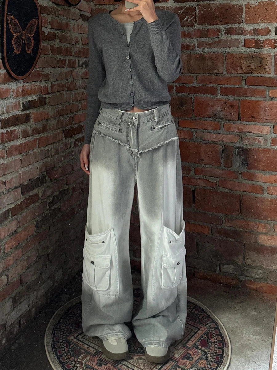 ReddaChic Celana Kargo Multi-saku Abu-abu Retro Wanita Jeans Lurus Kaki Lebar Naik Tinggi Kelim Mentah Gradien Wanita Y2k Pakaian Jalan Antik