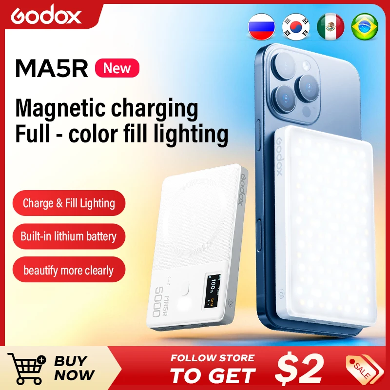 

Godox MA5R Magnetic LED Pocket Light 1800K- 10000K Full-Color Video Light Ultra-slim Wireless Design for Outdoor Photography